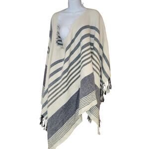 Free People Striped Poncho Sweater Throw Navy And Creme OS